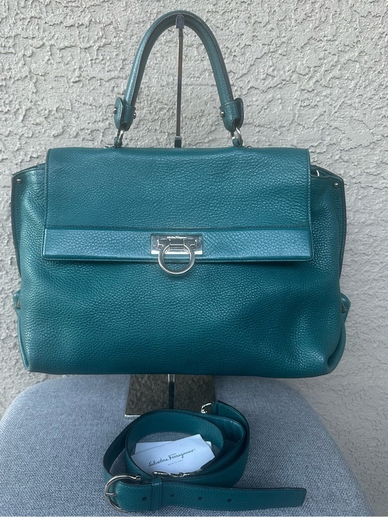 Salvatore Ferragamo Handbags - SALVATORE FERRAGAMO Teal Green Leather Top-Handle Satchel/Crossbody bag